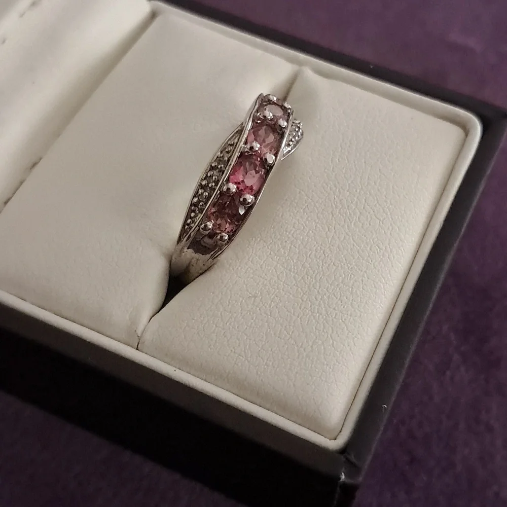 Ouro Fino Rubellite & White Topaz Ring 925 Sterling Silver